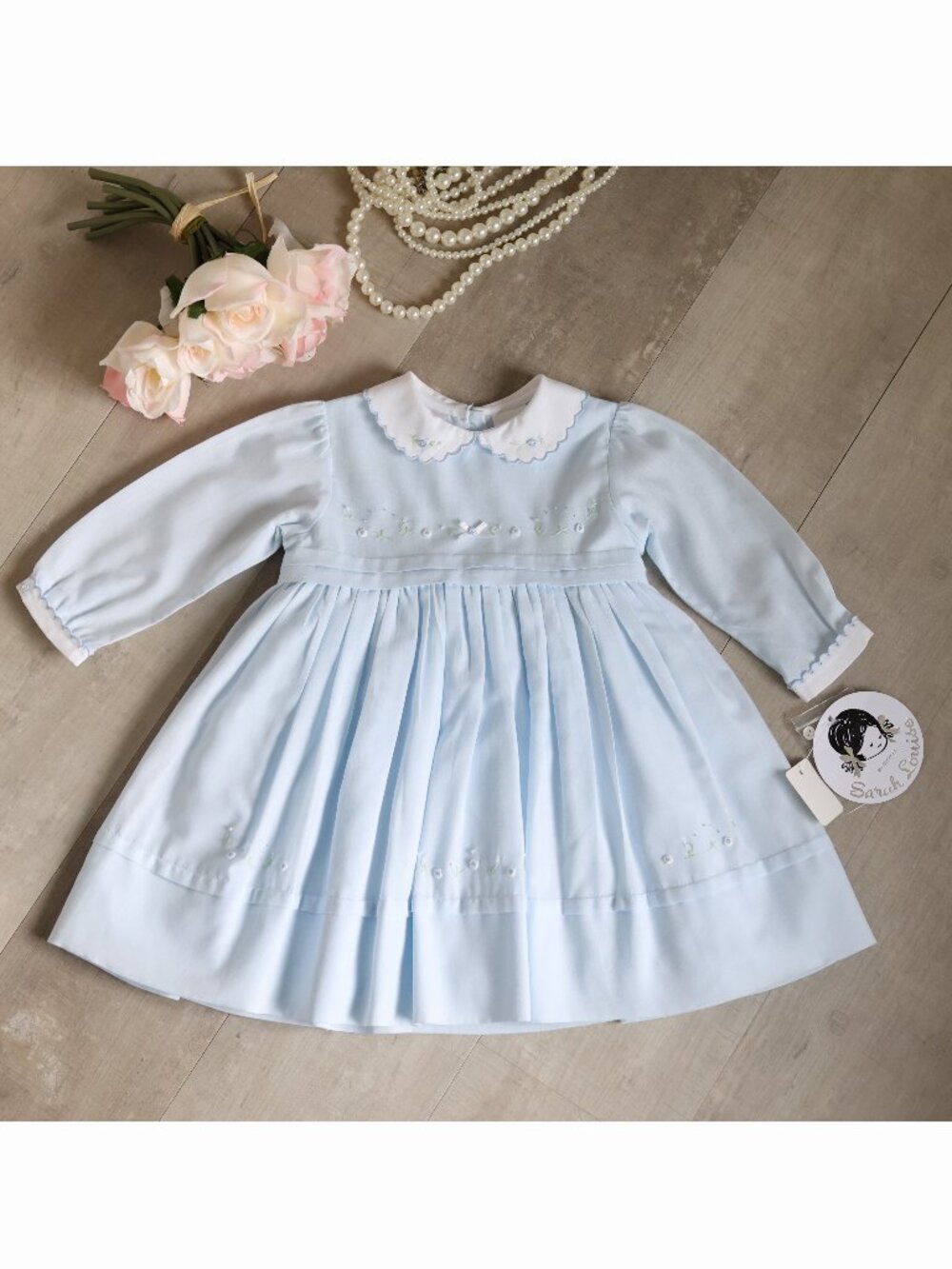 Blue Smocked Dress Long Sleeve French Tucks Seed Beads Sarah Louise 12M NWT